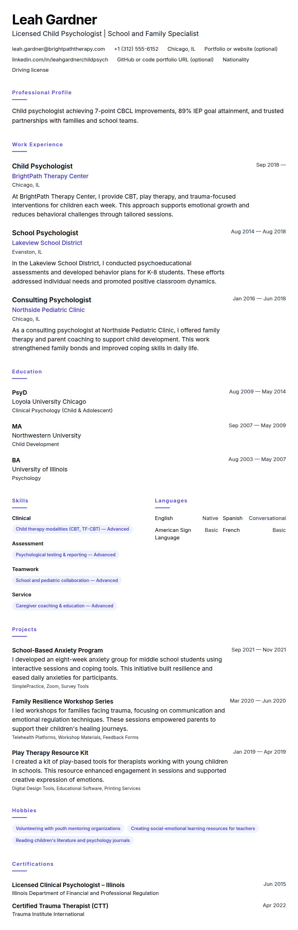 Resume preview for Child Psychologist Resume Example