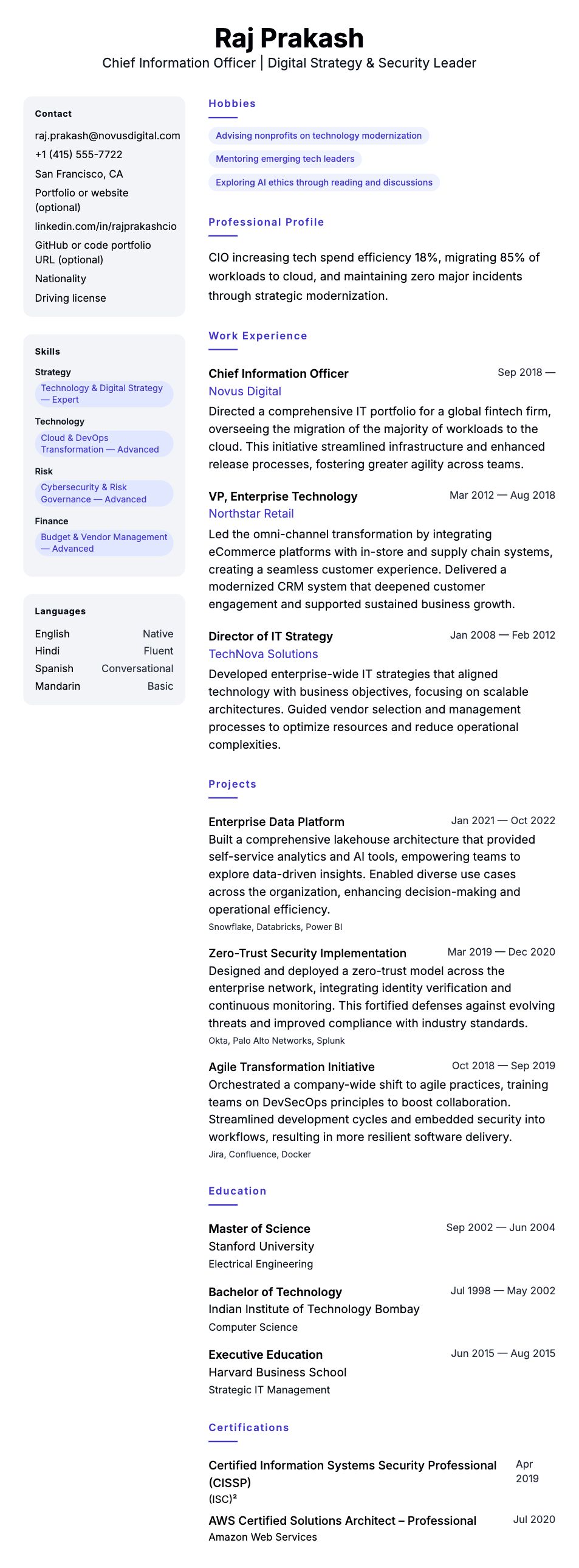 Resume preview for Chief Information Officer Resume Example