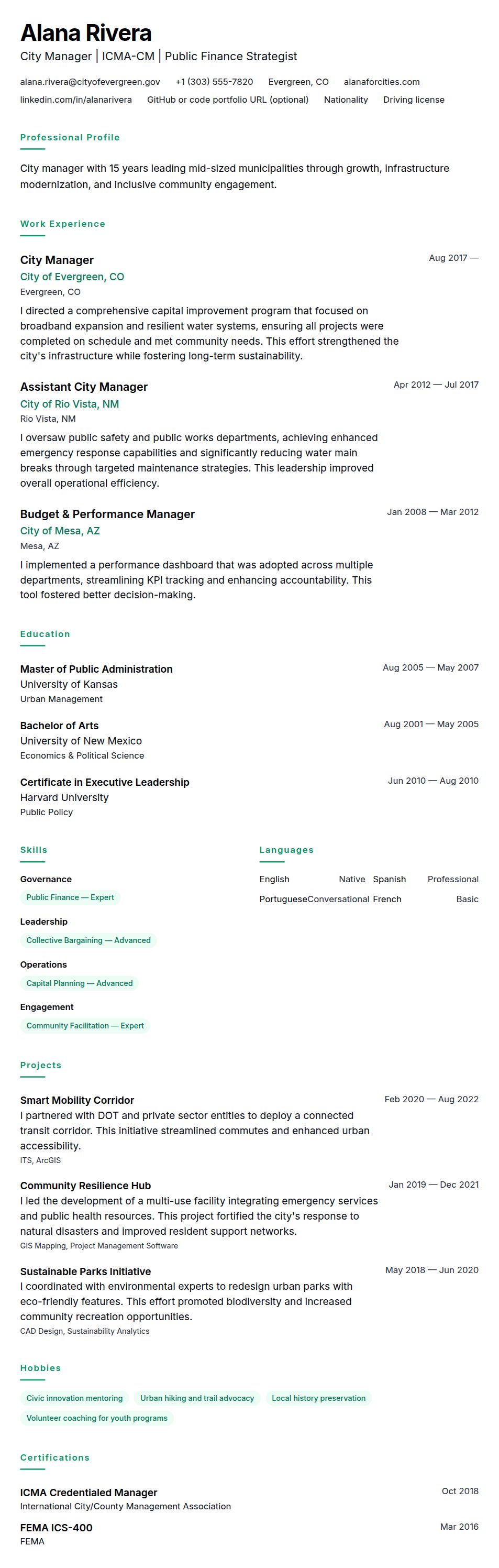 Resume preview for City Manager Resume Example