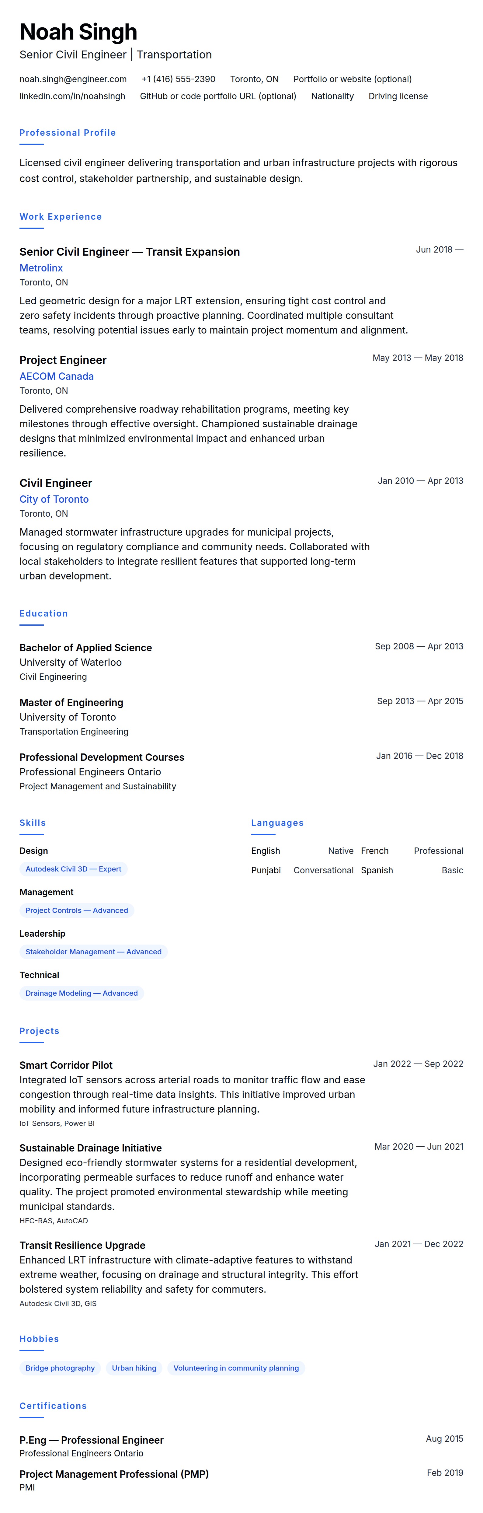 Resume preview for Civil Engineer Resume Example