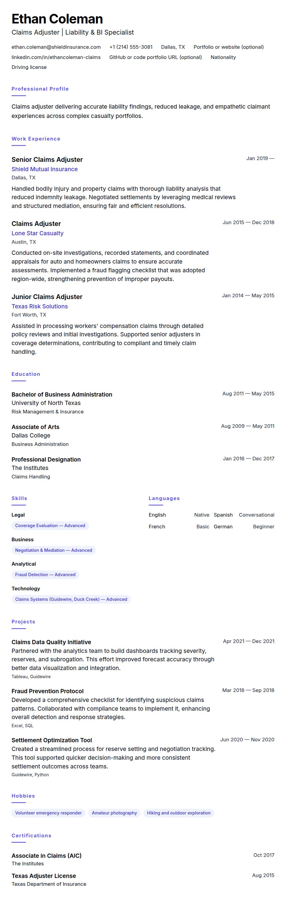 Resume preview for Claims Adjuster Resume Example