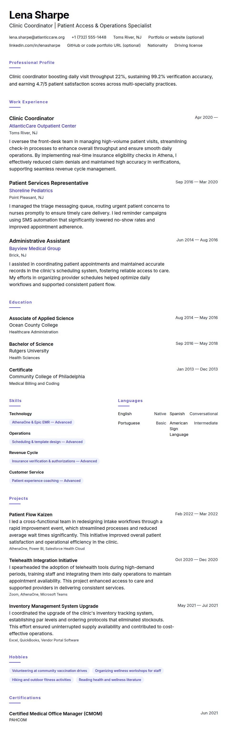 Resume preview for Clinic Coordinator Resume Example
