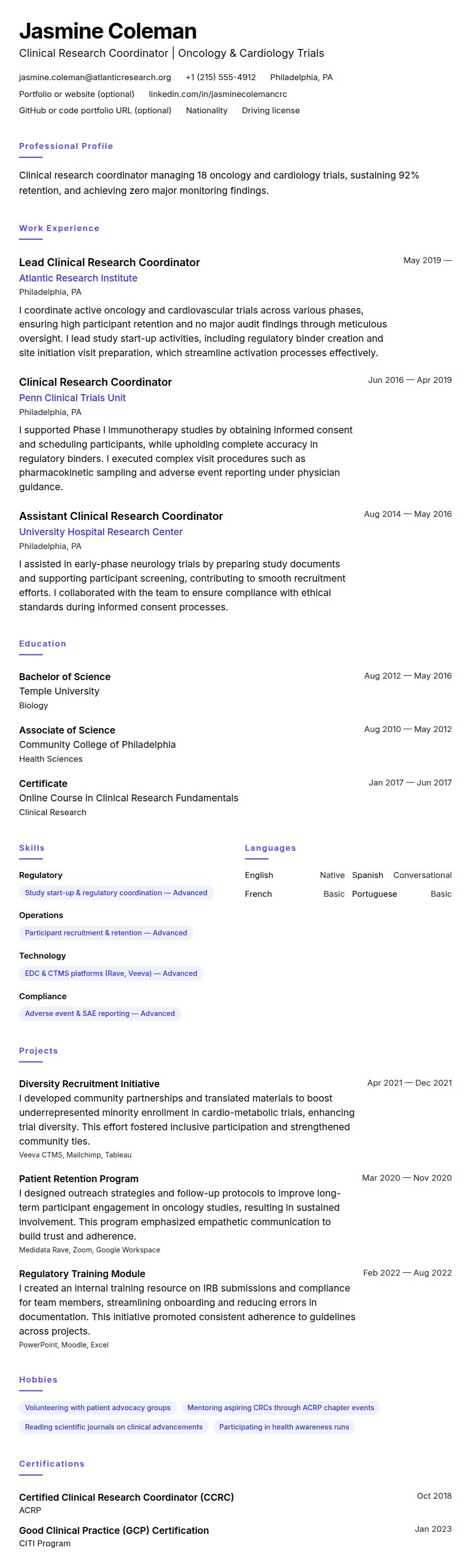 Resume preview for Clinical Research Coordinator Resume Example