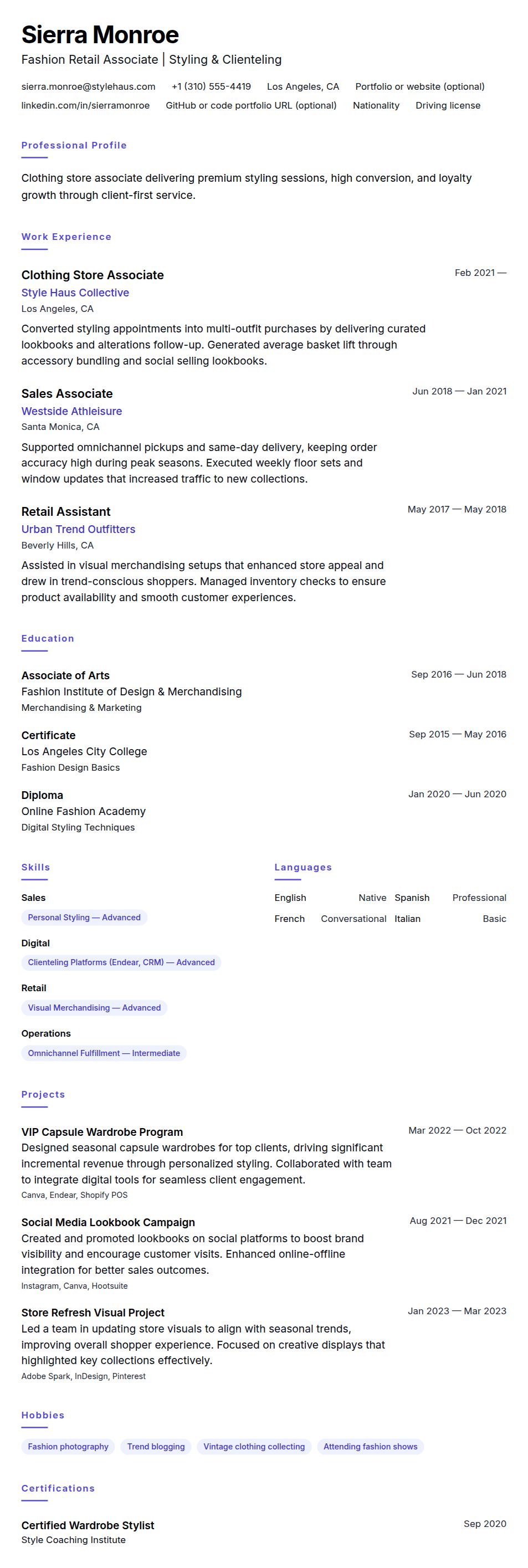 Resume preview for Clothing Store Associate Resume Example