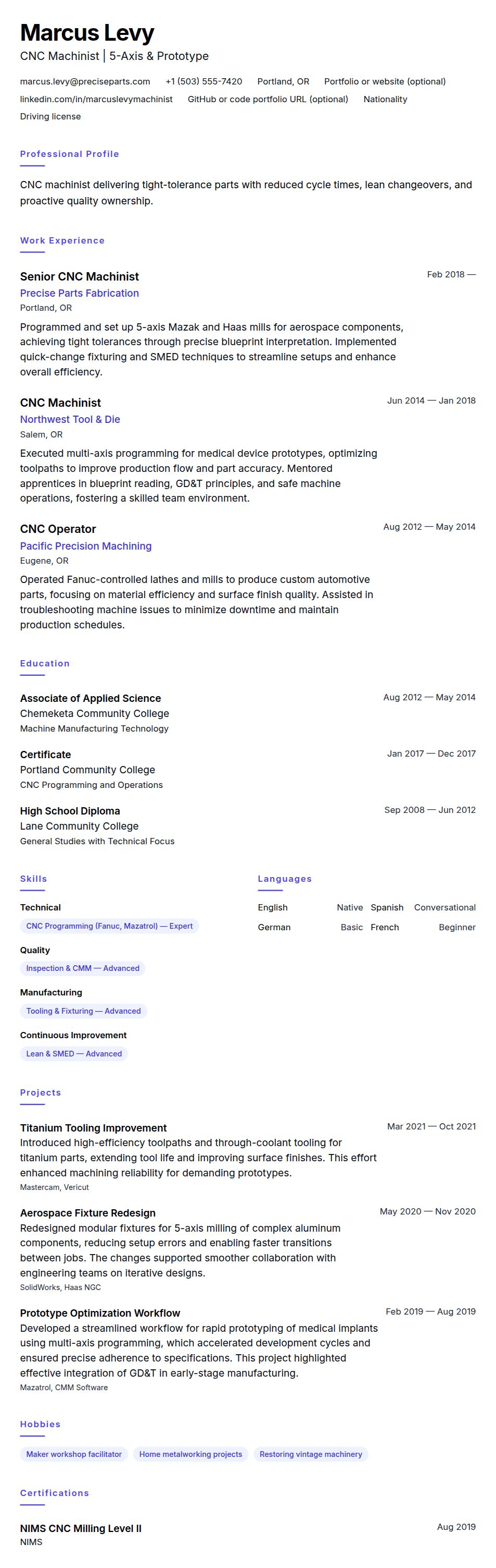 Resume preview for CNC Machinist Resume Example