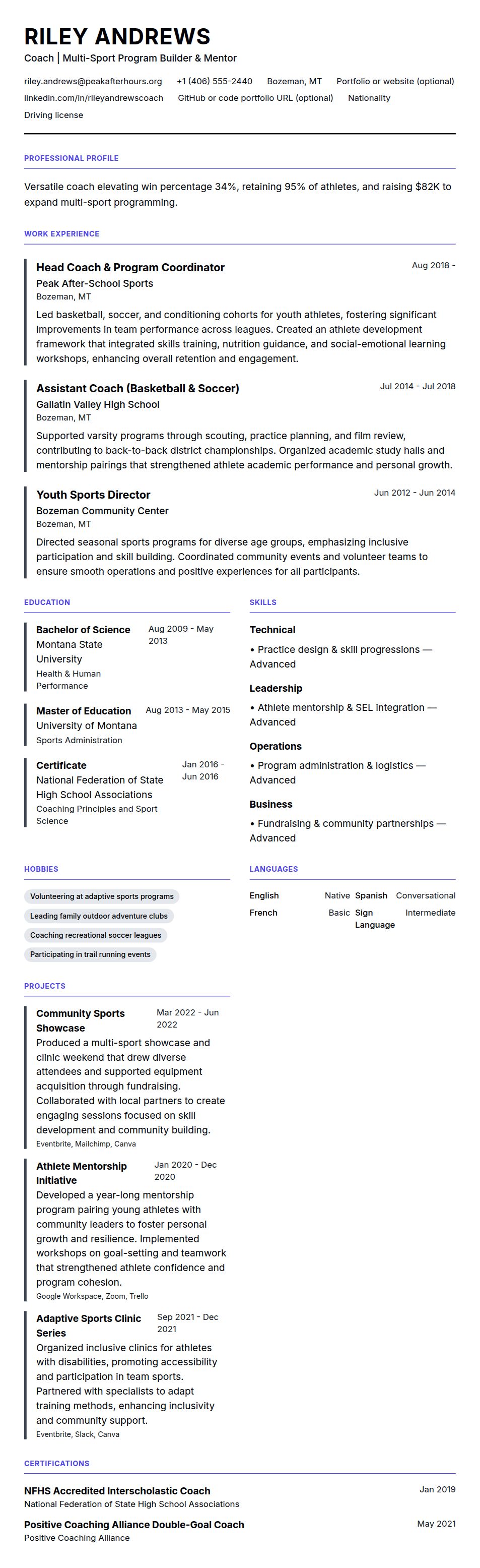 Resume preview for Coach Resume Example