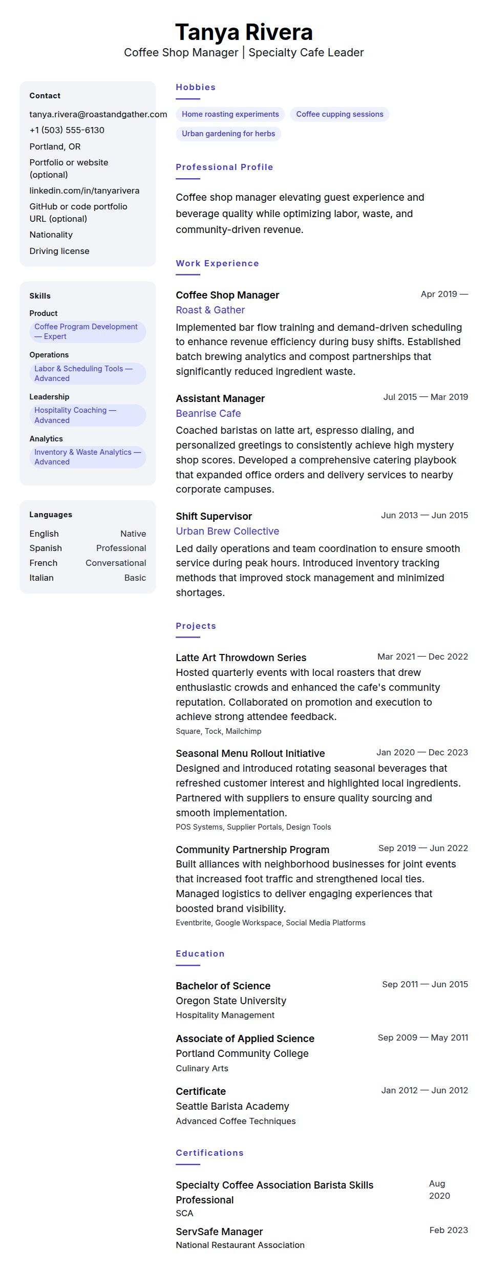 Resume preview for Coffee Shop Manager Resume Example
