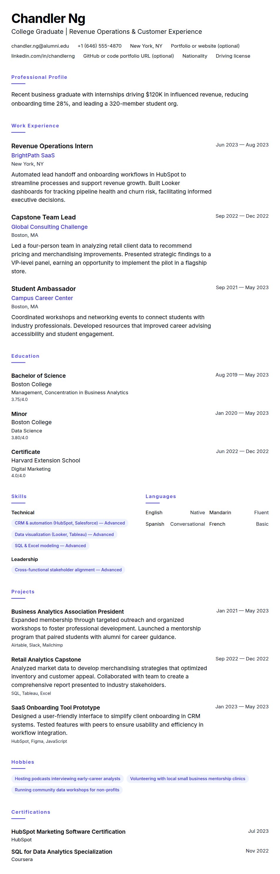 Resume preview for College Graduate Resume Example