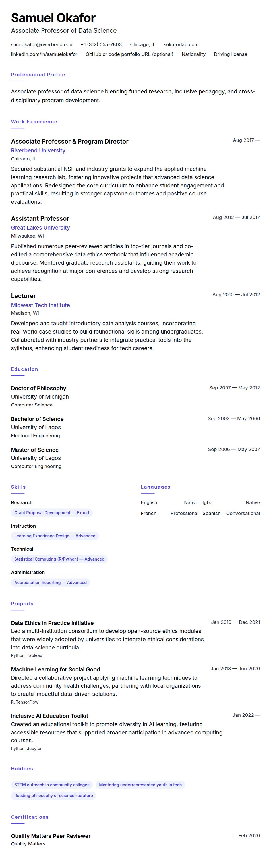 Resume preview for College Professor Resume Example