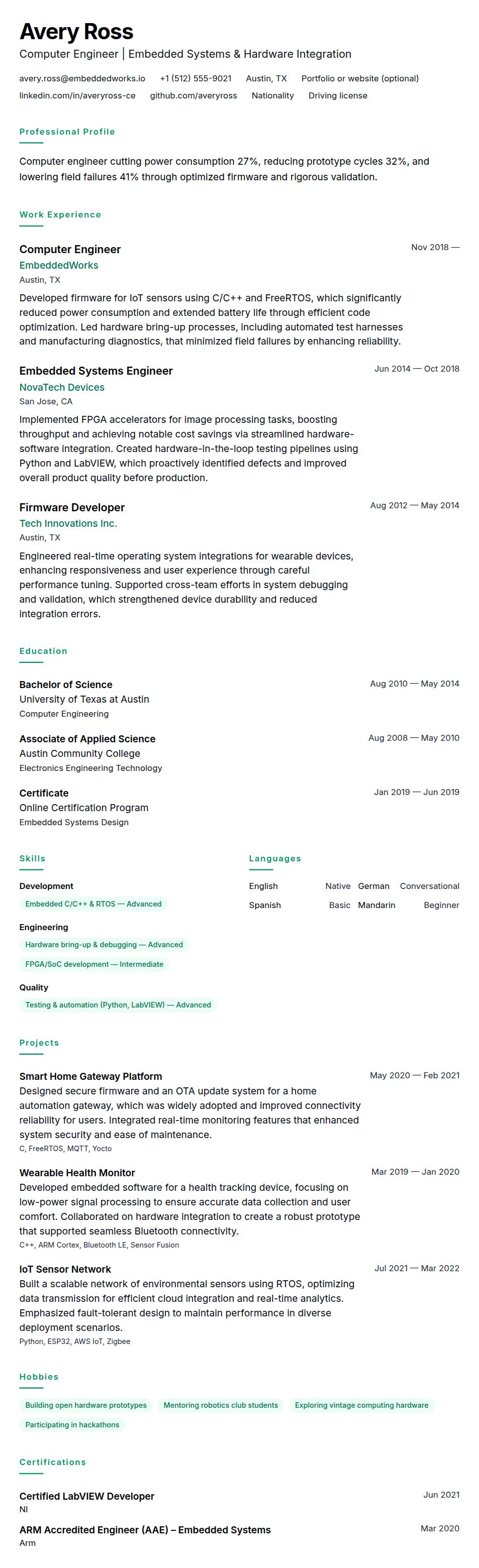Resume preview for Computer Engineer Resume Example