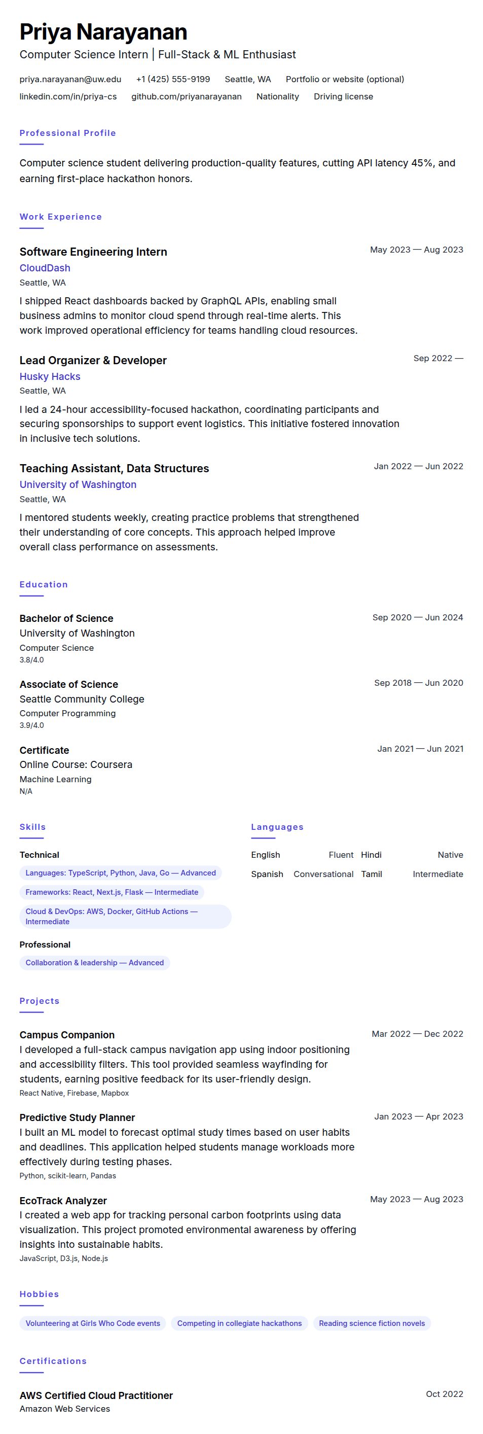 Resume preview for Computer Science Internship Resume Example