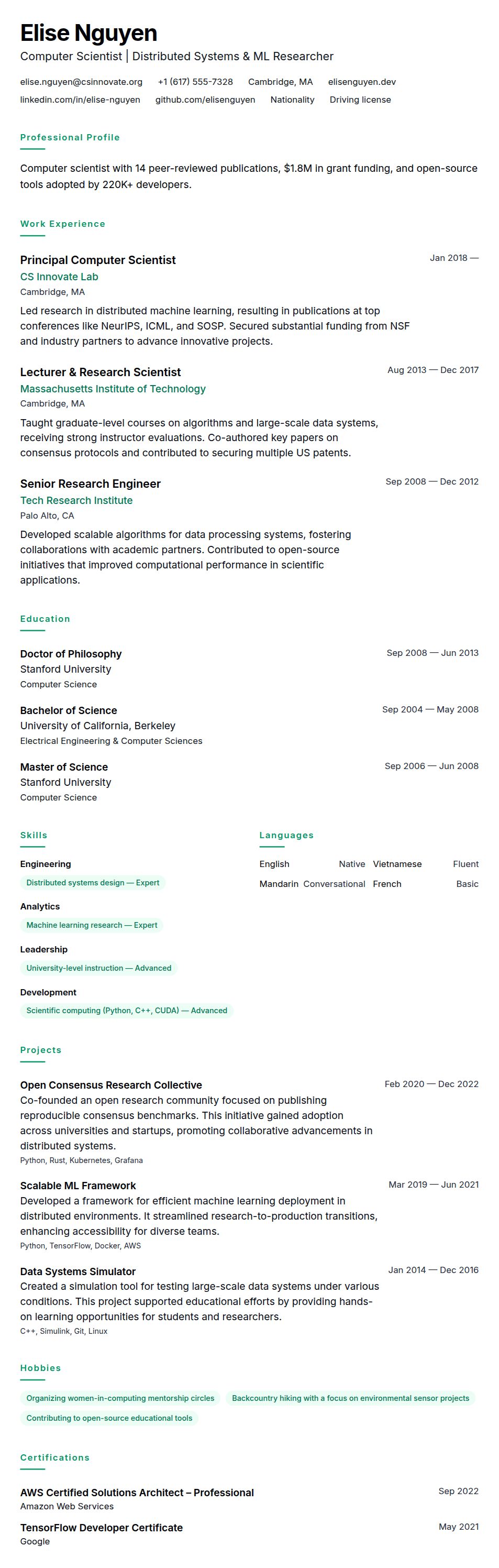 Resume preview for Computer Science Professional Resume Example