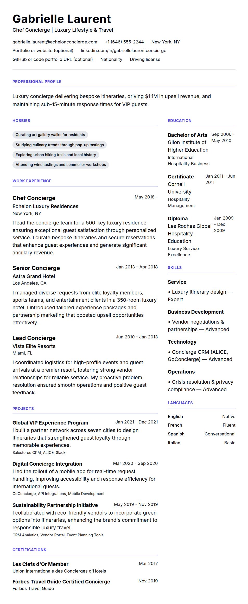 Resume preview for Concierge Resume Example