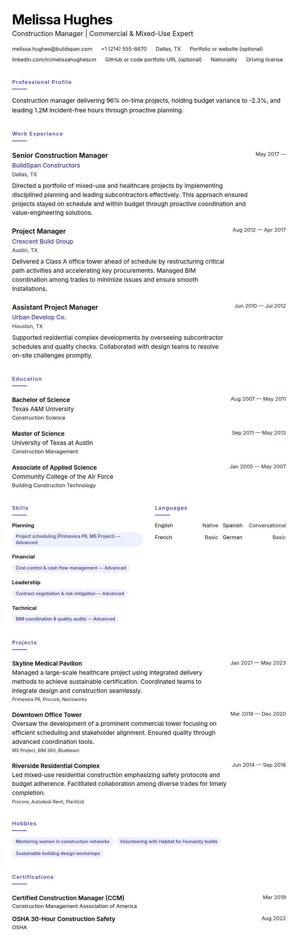 Resume preview for Construction Manager Resume Example