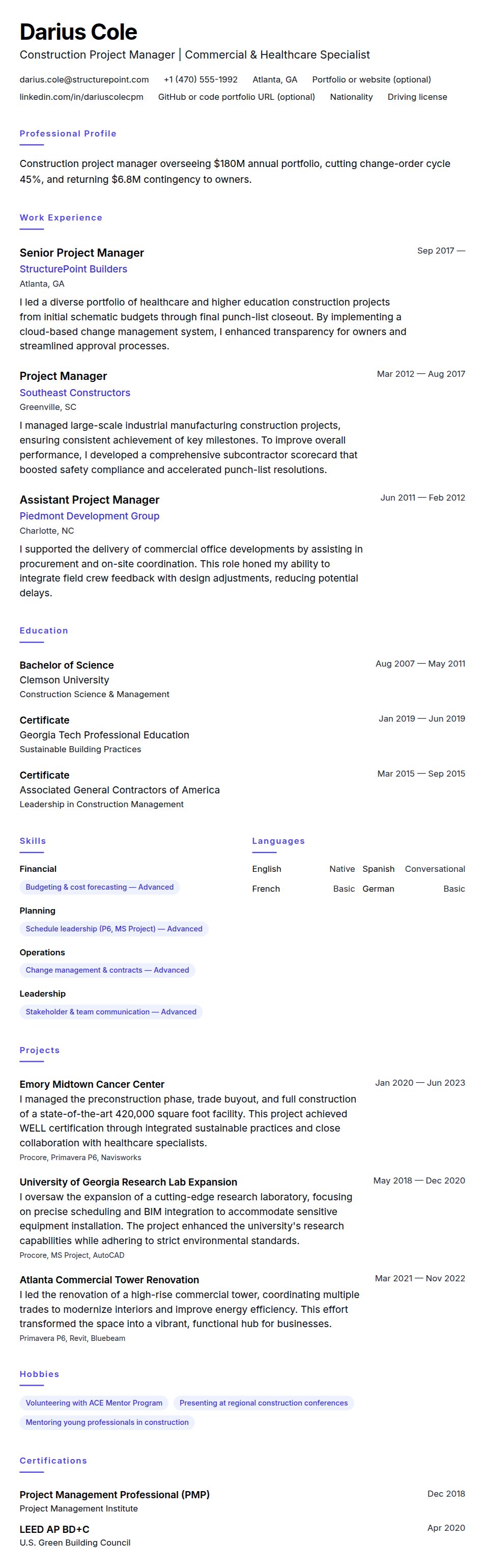 Resume preview for Construction Project Manager Resume Example