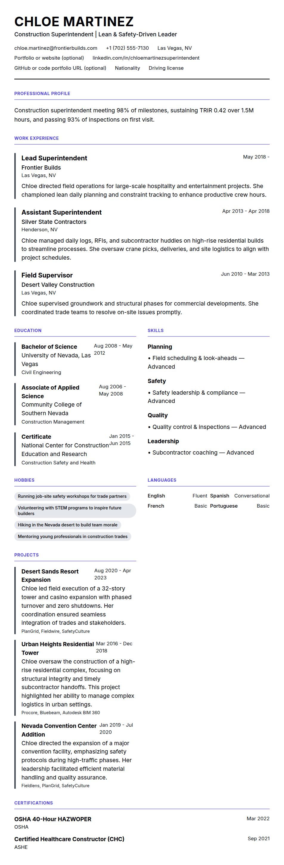 Resume preview for Construction Superintendent Resume Example