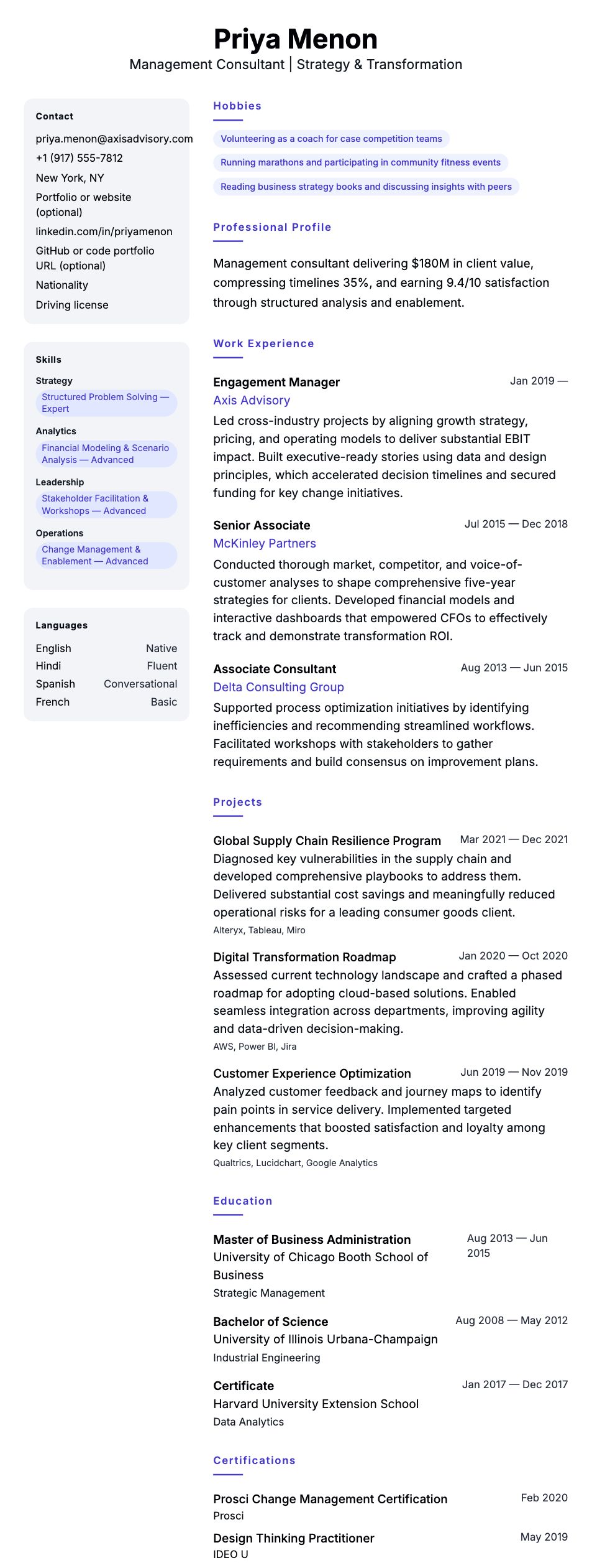 Resume preview for Management Consultant Resume Example