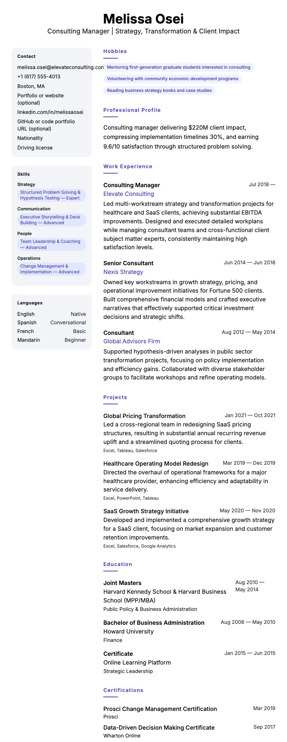 Resume preview for Consulting Manager Resume Example