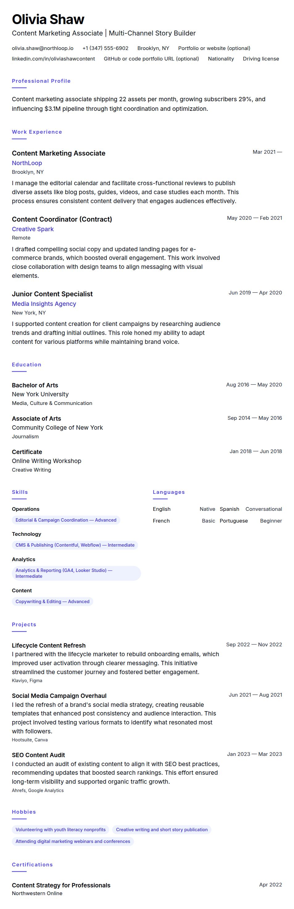 Resume preview for Content Marketing Associate Resume Example