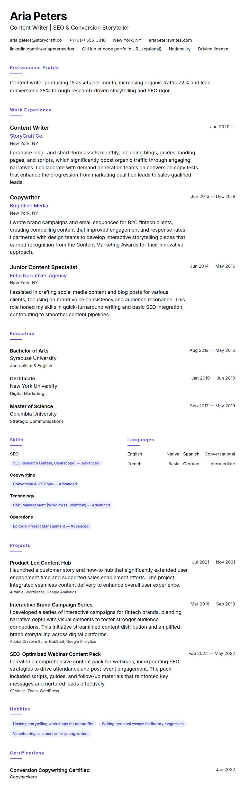 Resume preview for Content Writer Resume Example
