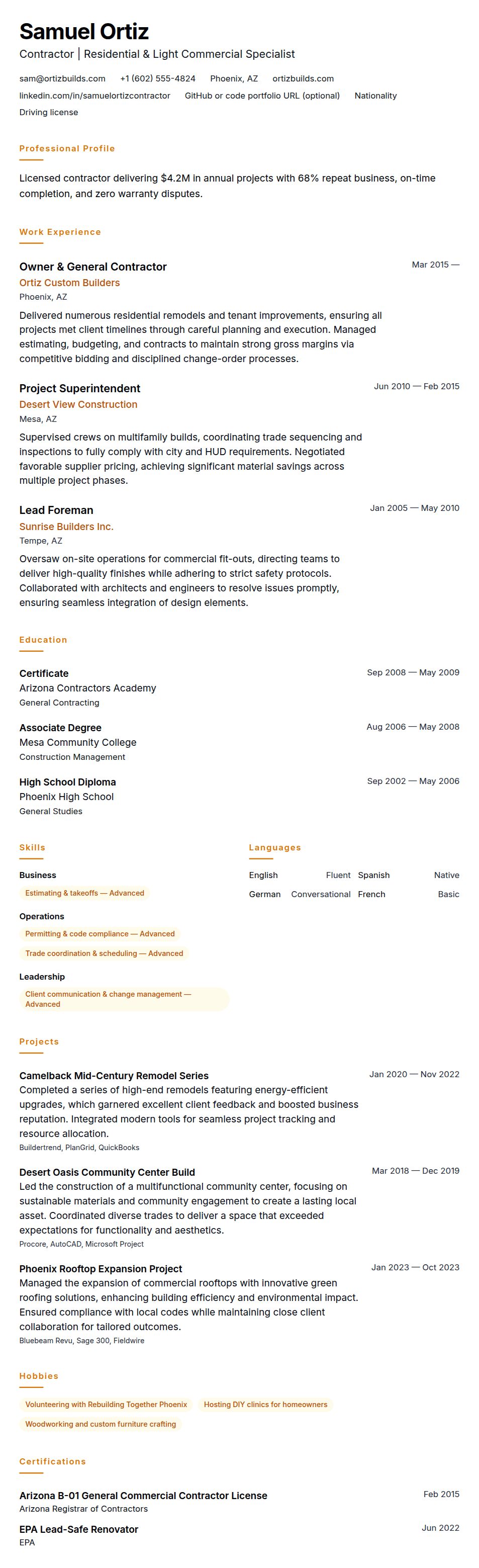 Resume preview for Contractor Resume Example