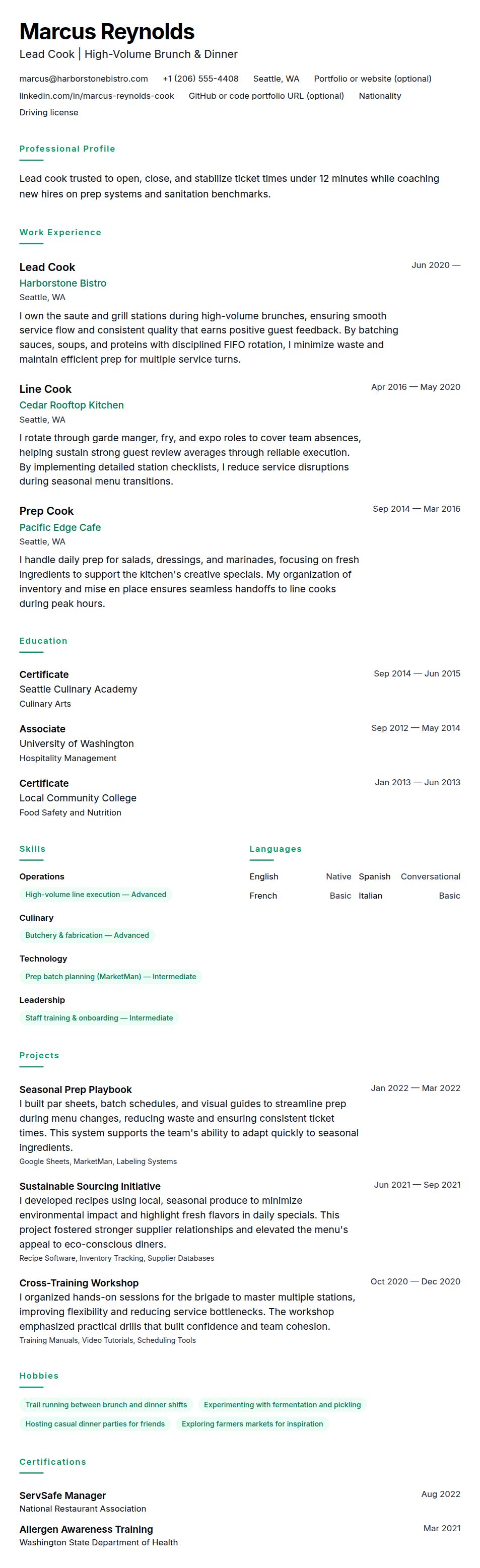 Resume preview for Cook Resume Example