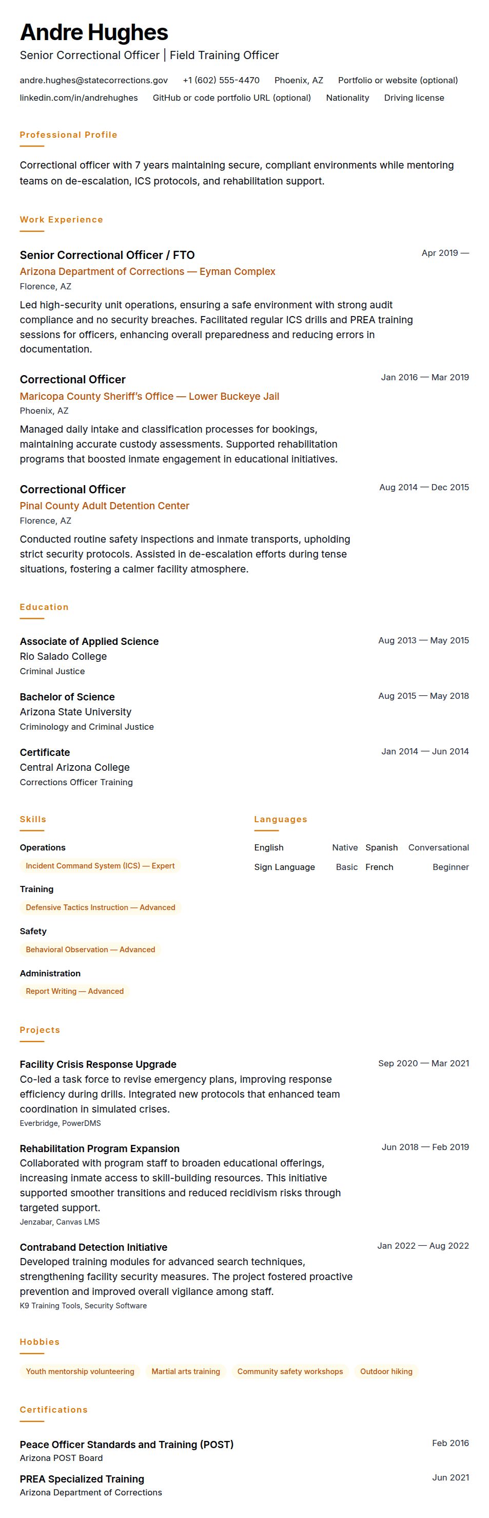 Resume preview for Correctional Officer Resume Example