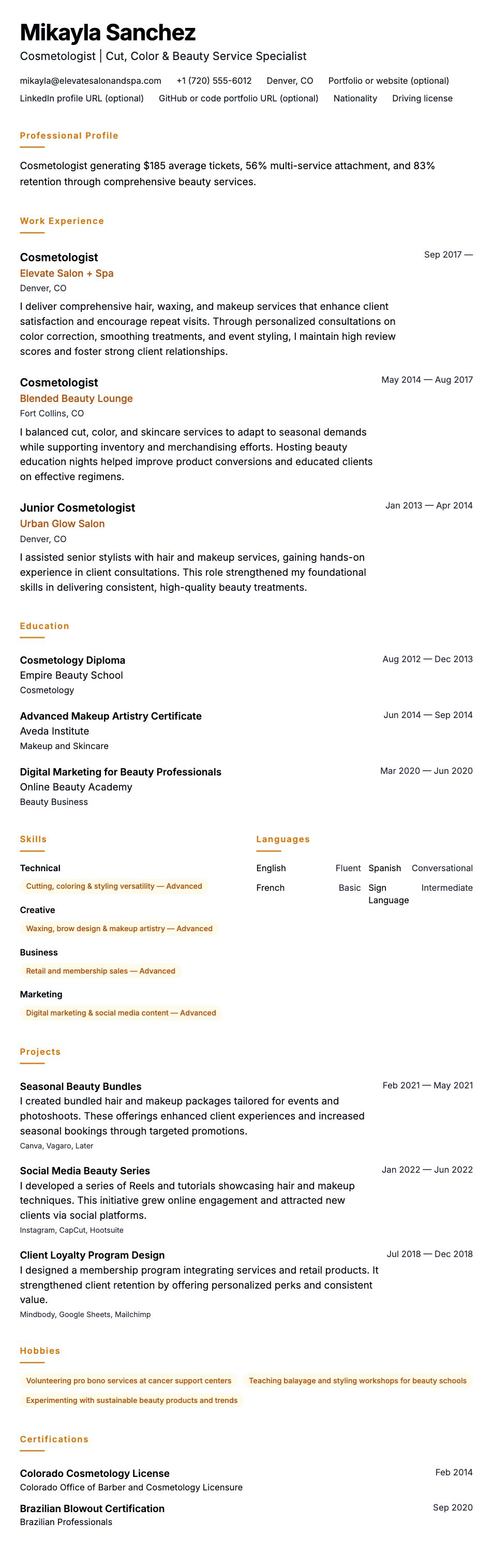 Resume preview for Cosmetologist Resume Example