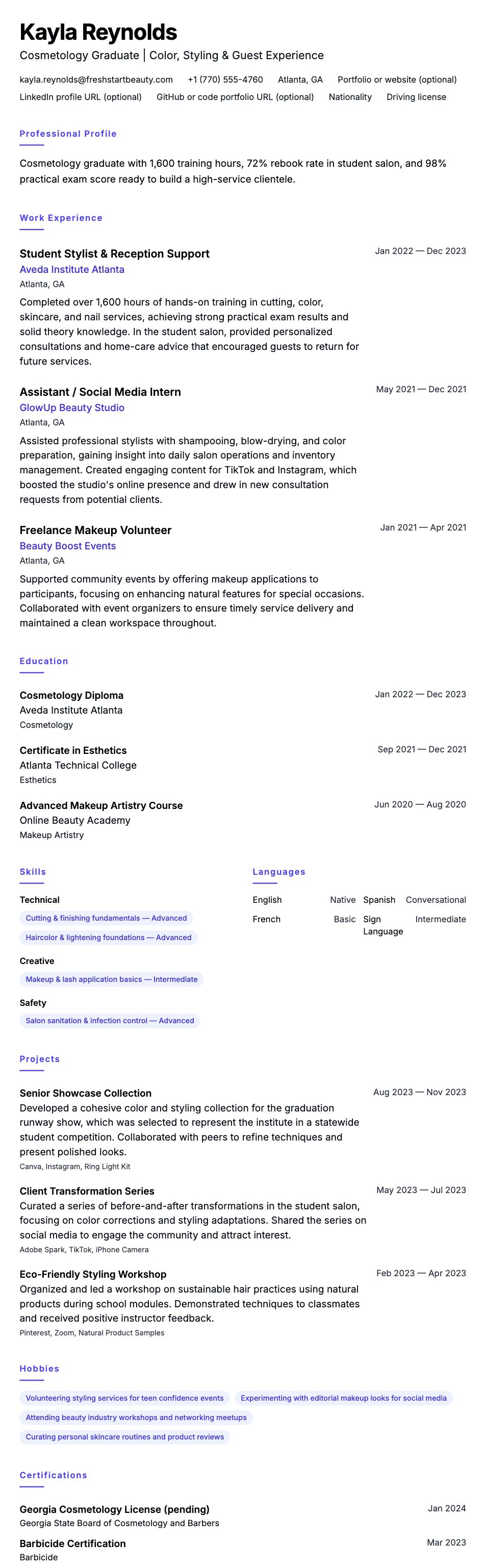 Resume preview for Cosmetology Graduate Resume Example