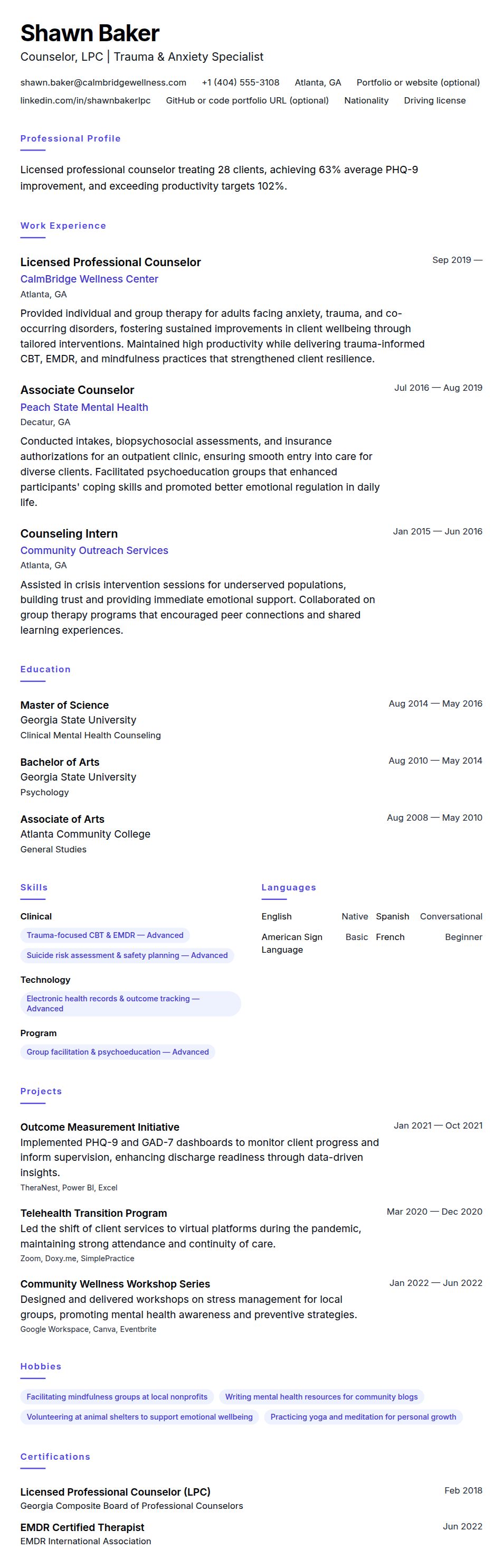 Resume preview for Counselor Resume Example