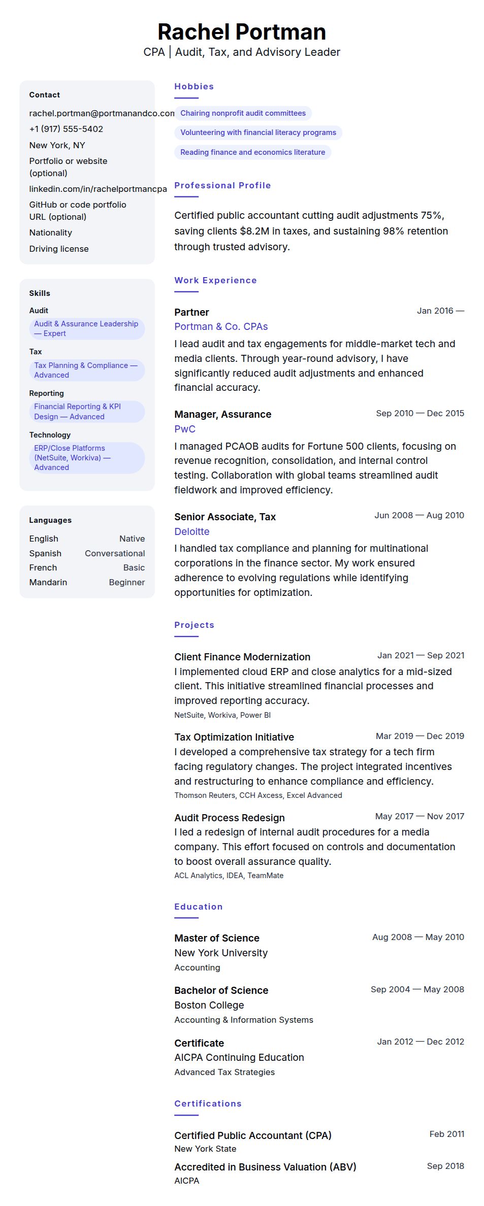 Resume preview for Certified Public Accountant Resume Example