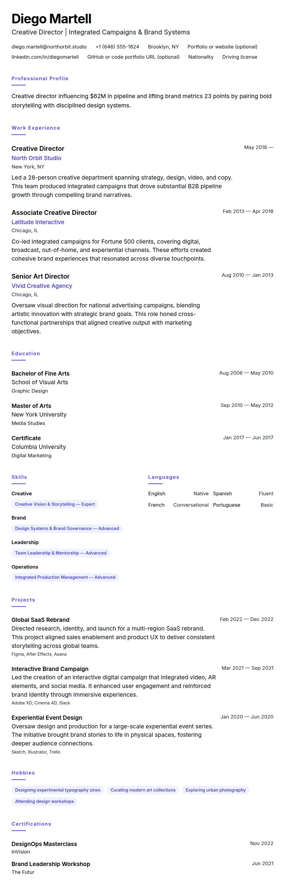 Resume preview for Creative Director Resume Example