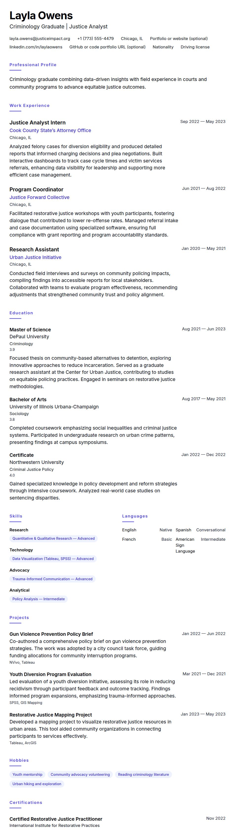 Resume preview for Criminology Graduate Resume Example