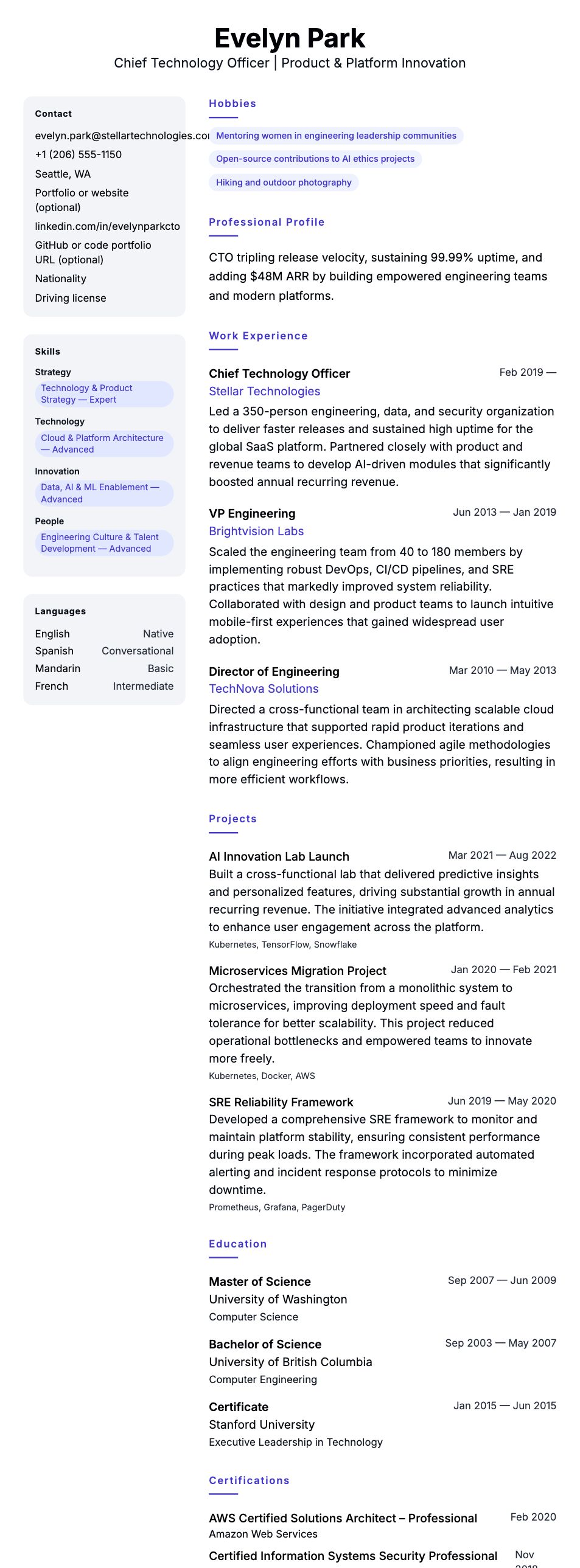 Resume preview for Chief Technology Officer Resume Example
