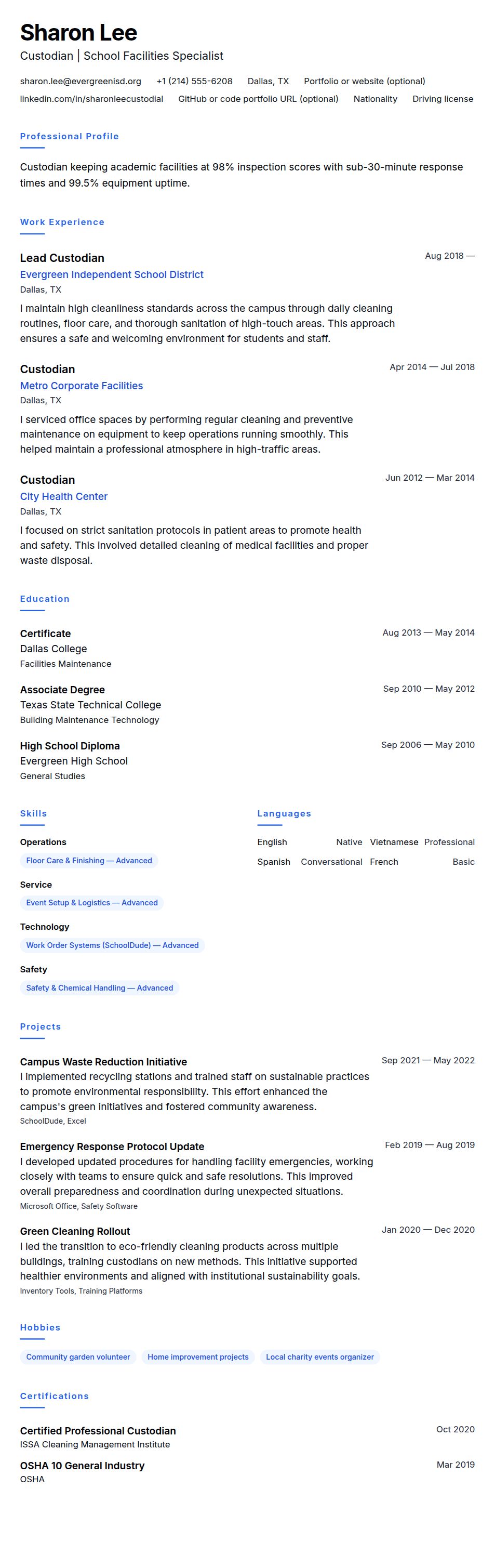 Resume preview for Custodian Resume Example