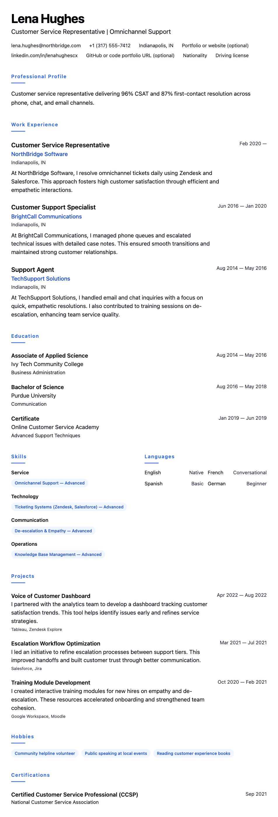 Resume preview for Customer Service Representative Resume Example