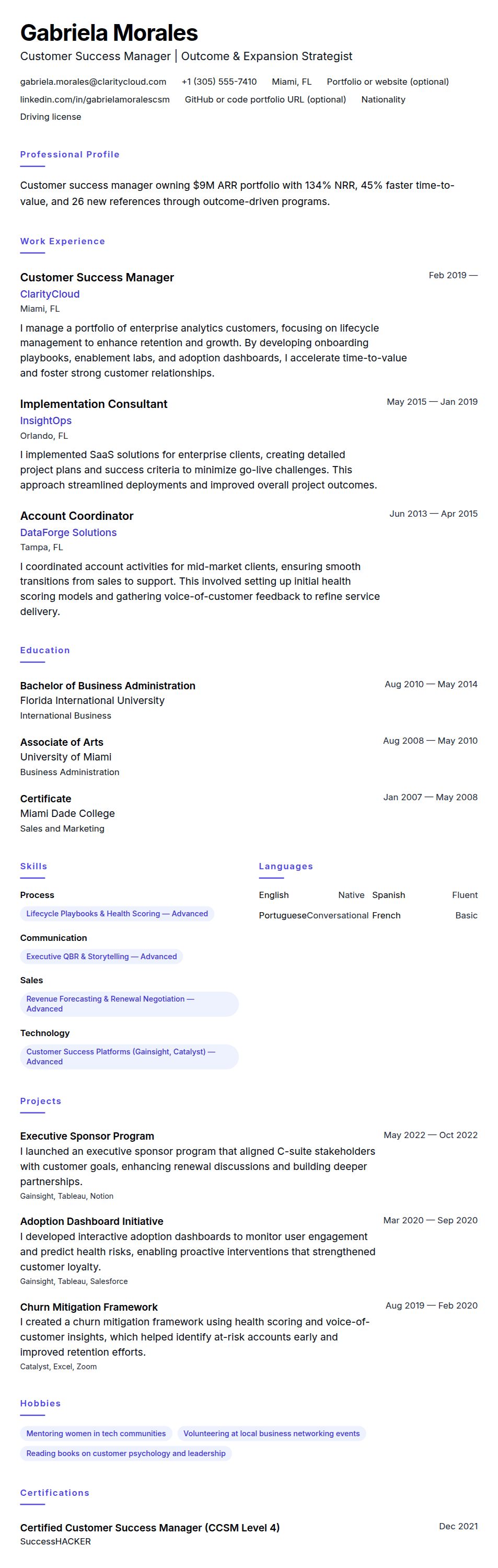 Resume preview for Customer Success Manager Resume Example