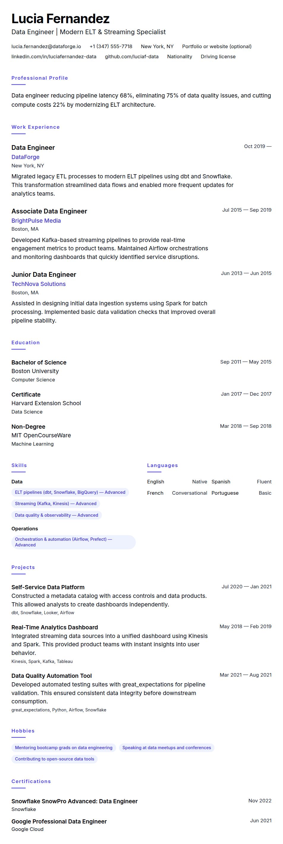 Resume preview for Data Engineer Resume Example