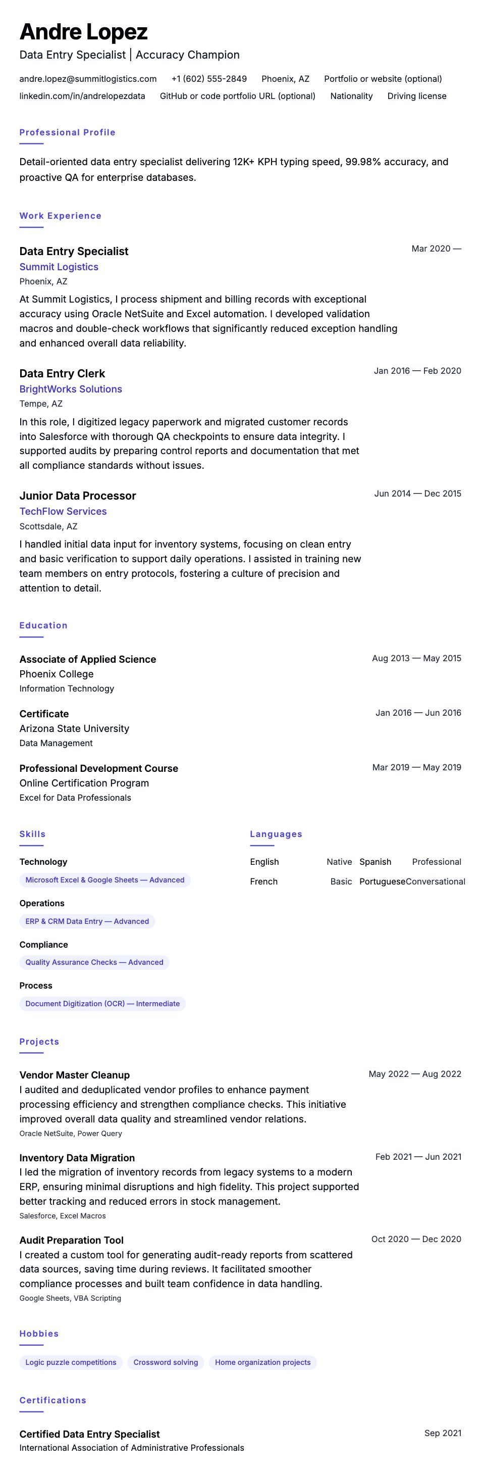 Resume preview for Data Entry Specialist Resume Example