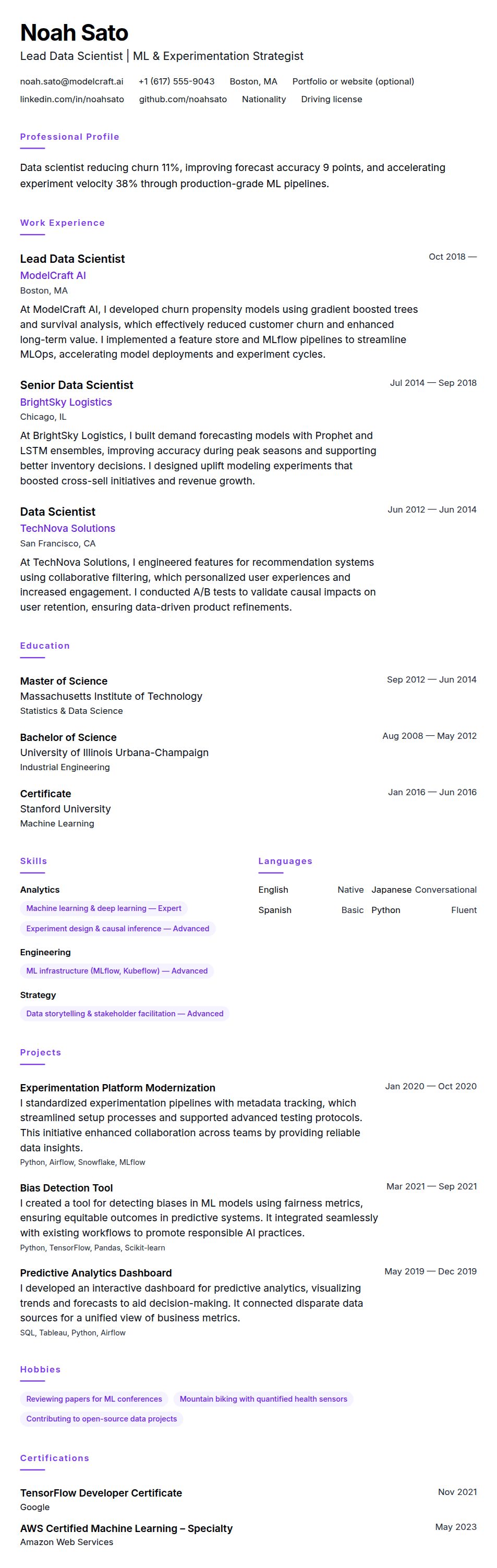 Resume preview for Data Scientist Resume Example