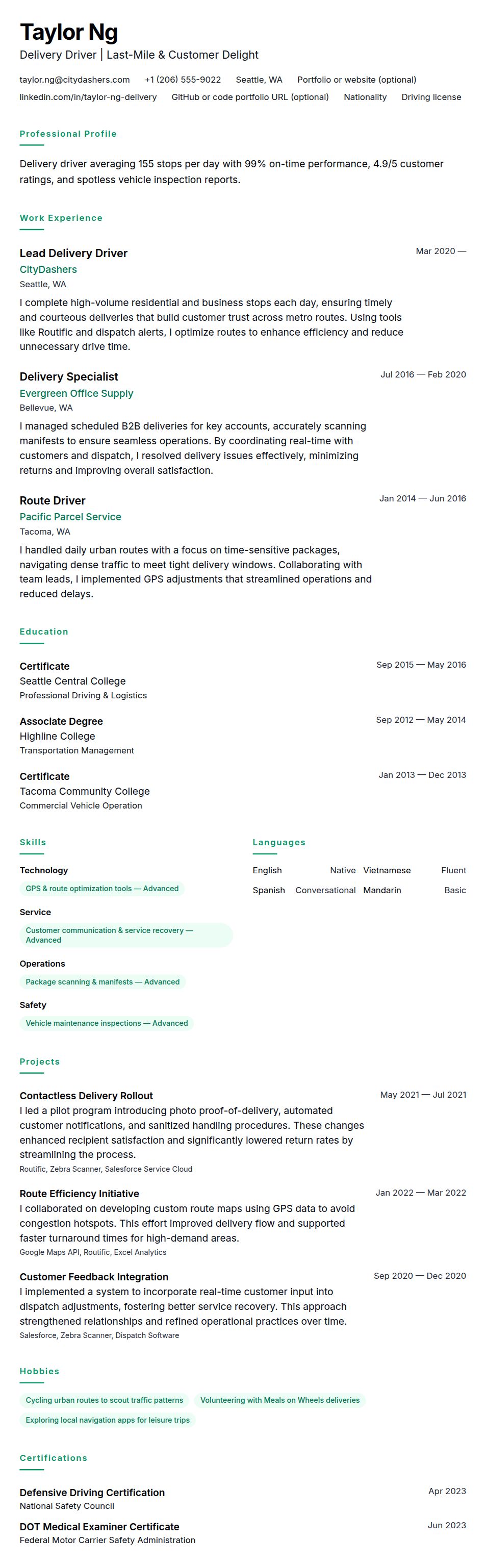 Resume preview for Delivery Driver Resume Example