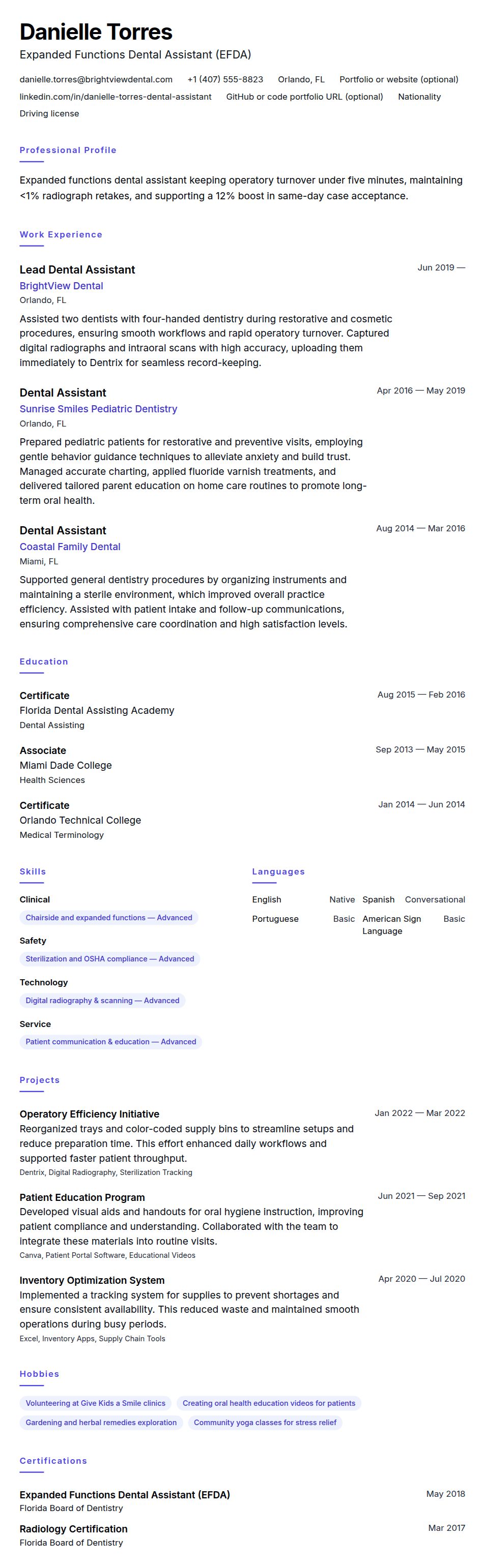 Resume preview for Dental Assistant Resume Example