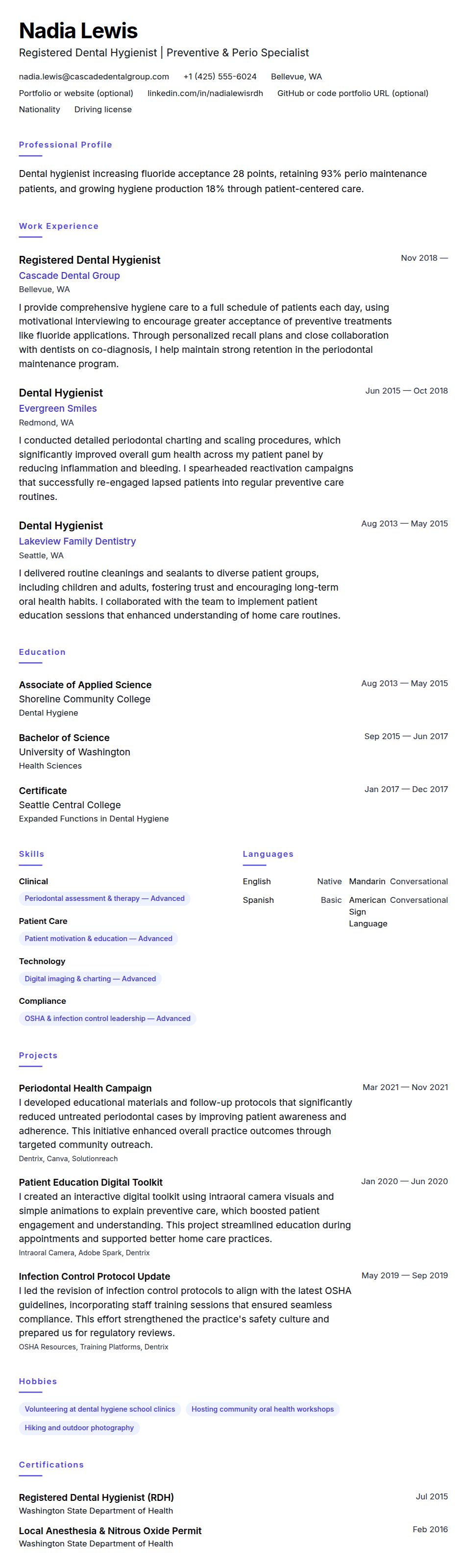 Resume preview for Dental Hygienist Resume Example