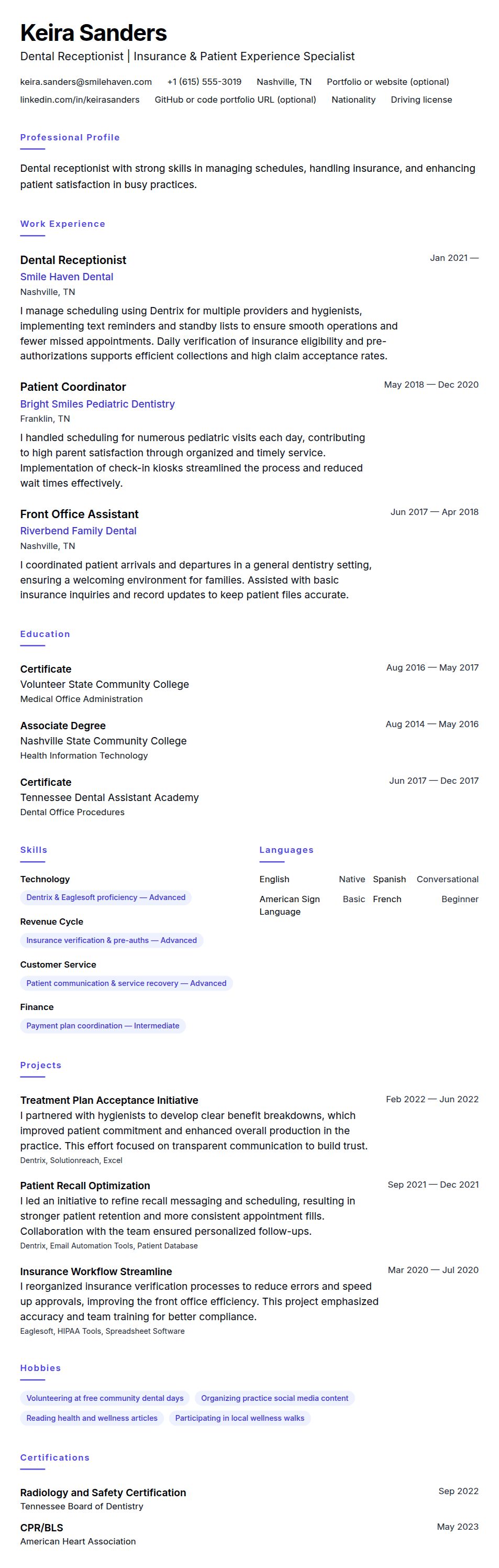 Resume preview for Dental Receptionist Resume Example