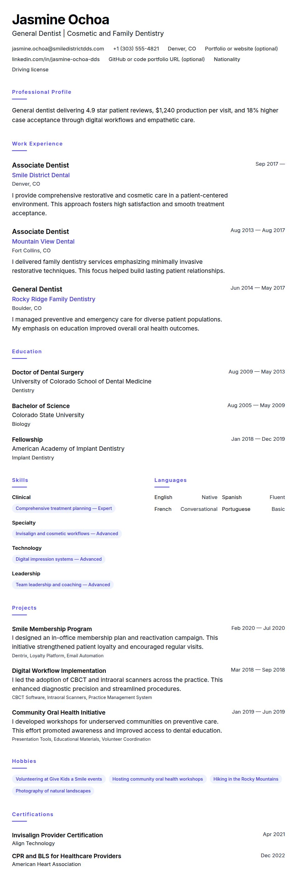 Resume preview for Dentist Resume Example