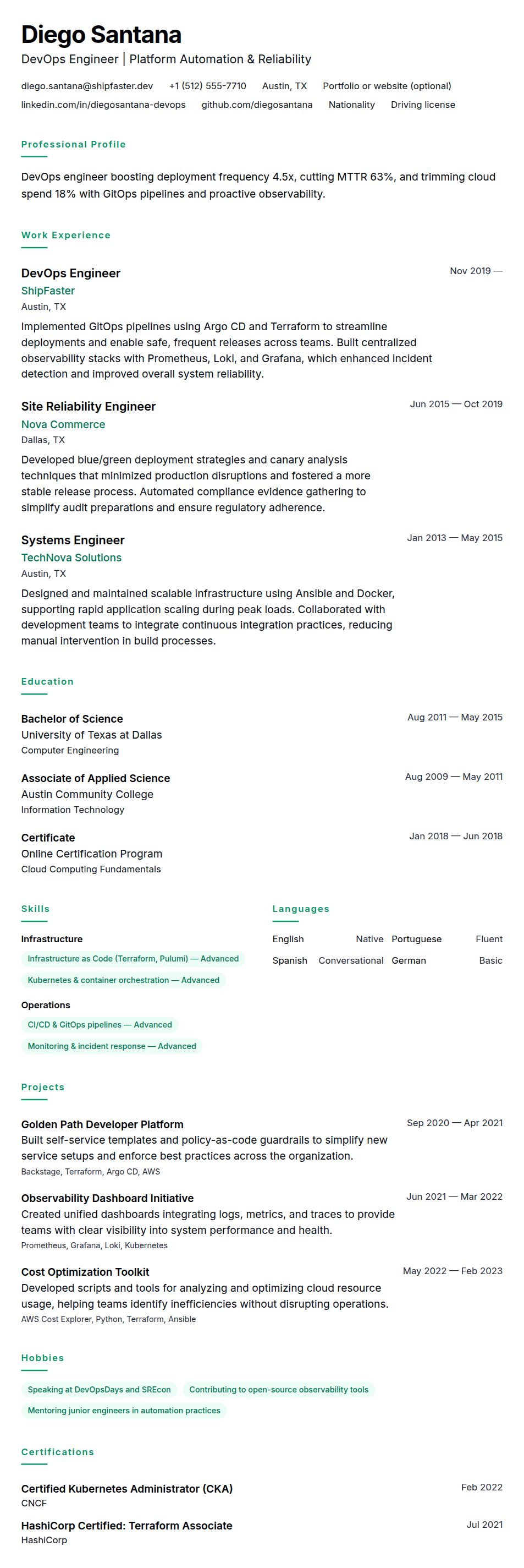 Resume preview for DevOps Engineer Resume Example
