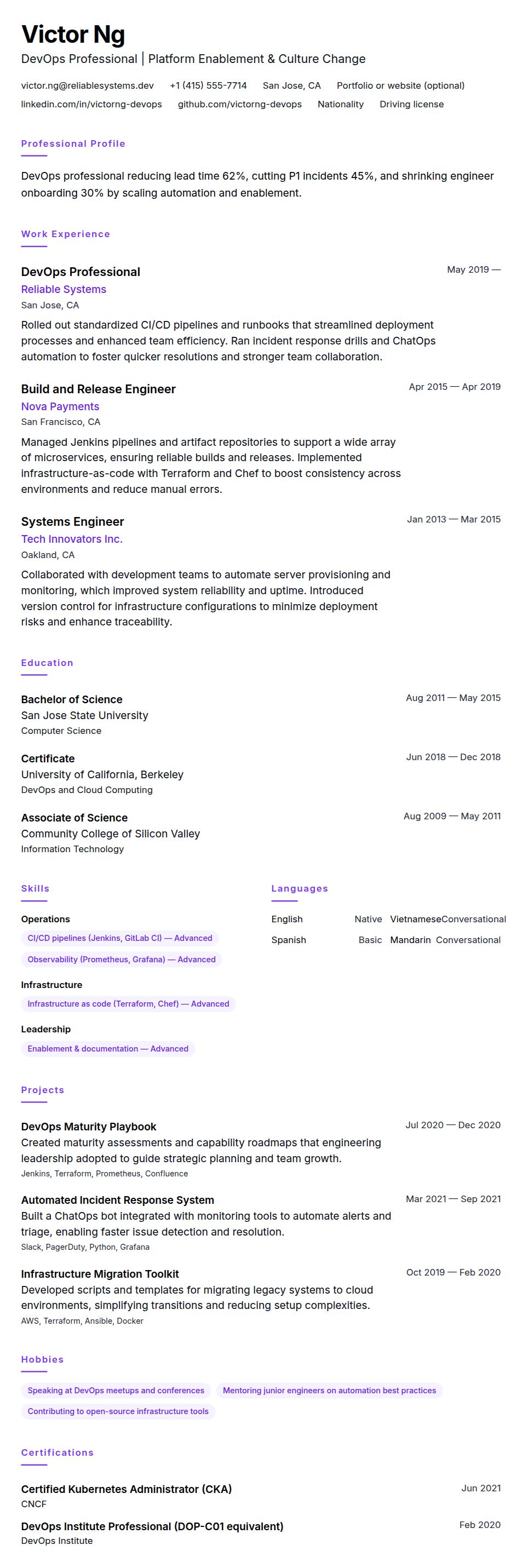 Resume preview for DevOps Professional Resume Example