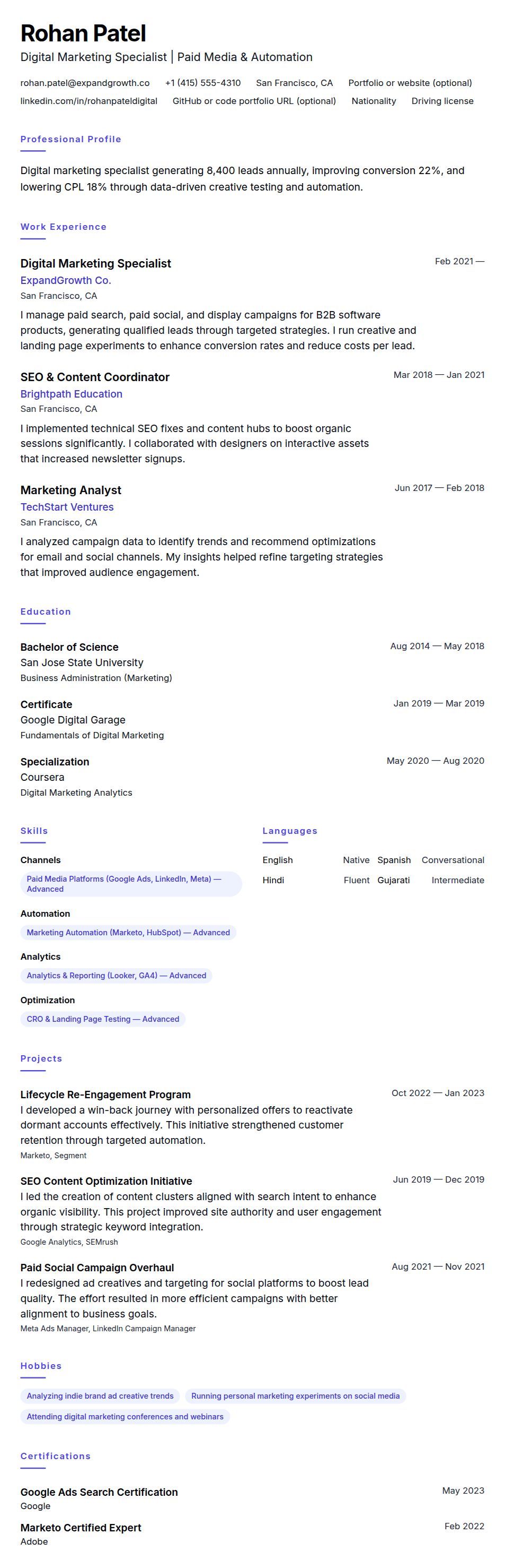 Resume preview for Digital Marketing Specialist Resume Example