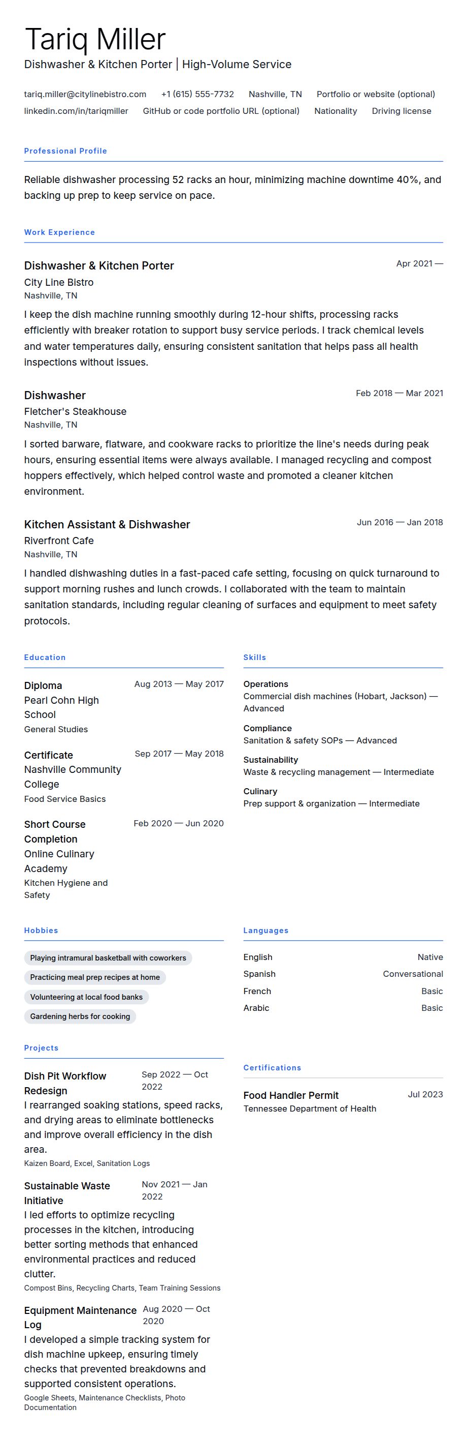 Resume preview for Dishwasher Resume Example