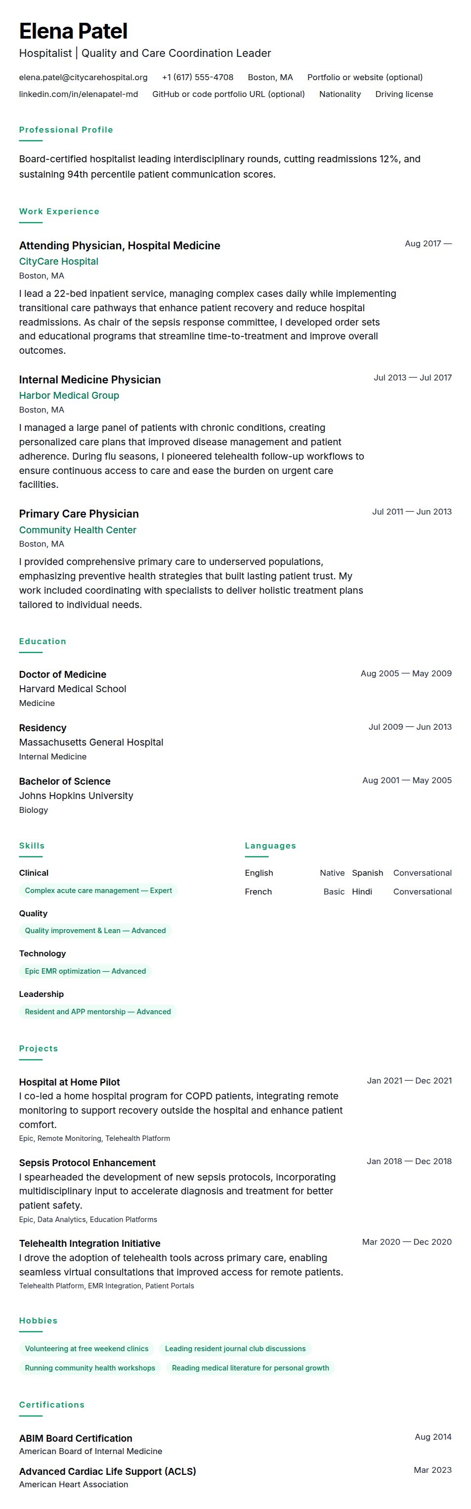 Resume preview for Doctor Resume Example